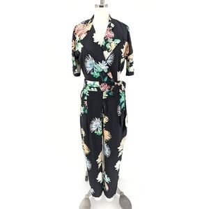 Zara Floral Straight Leg Jumpsuit Black Green S tropical retro hipster casual